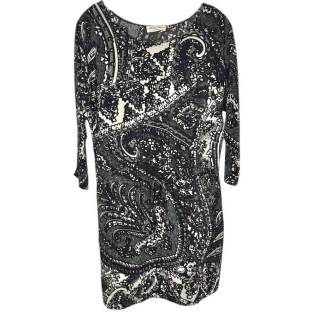 Marilyn Moore London Pen/Ink Print Silk Dress - Blk/Gray/Cream - UK 12/US 10